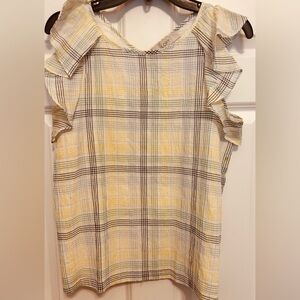LOFT Yellow Plaid Ruffle Blouse